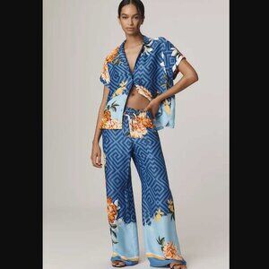 New XST Maeve x Anthropologie straight-leg pull on silk pants in blue floral